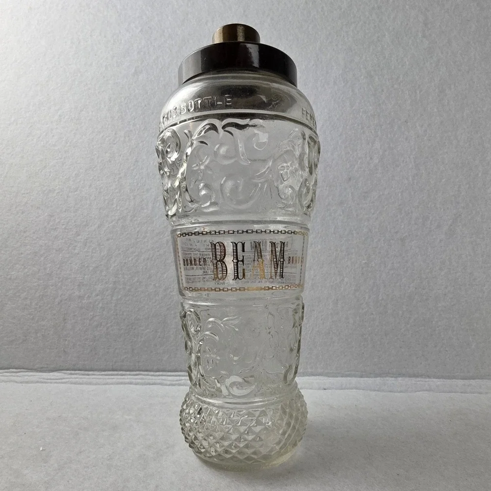 Vintage Jim Beam Bonded Beam Embossed Glass Liquor Pour Bottle w/ Metal Spout